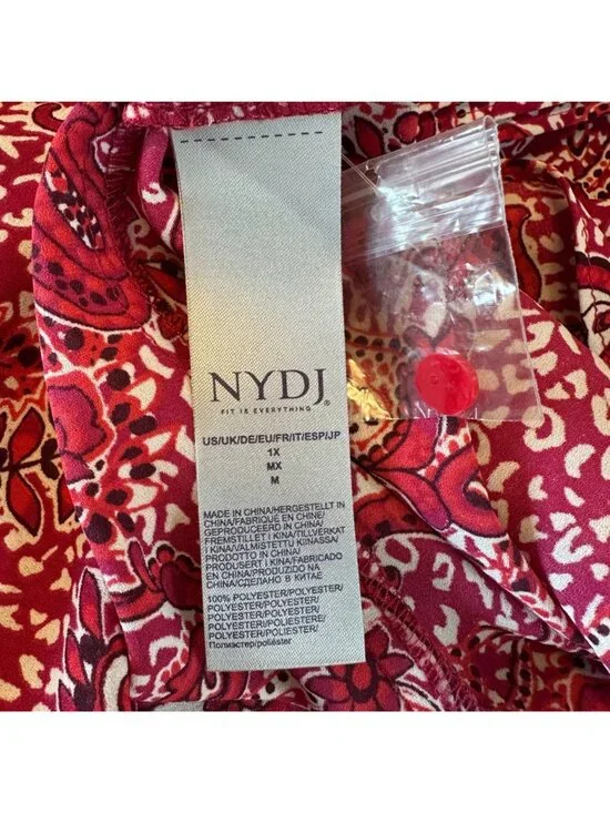 NWOT NYDJ Womens Red Paisley Pintucked Pleated 1/4 Button Front Blouse Size 1X - Picture 11 of 14